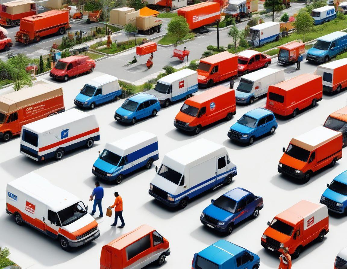 An inspiring scene showcasing a diverse group of people exploring various postal services careers, surrounded by postal vehicles, mailboxes, and maps. Include symbols of delivery speed and efficiency, with a backdrop of vibrant city life and nature. Emphasize teamwork and innovation in the postal field. super-realistic. vibrant colors. white background.