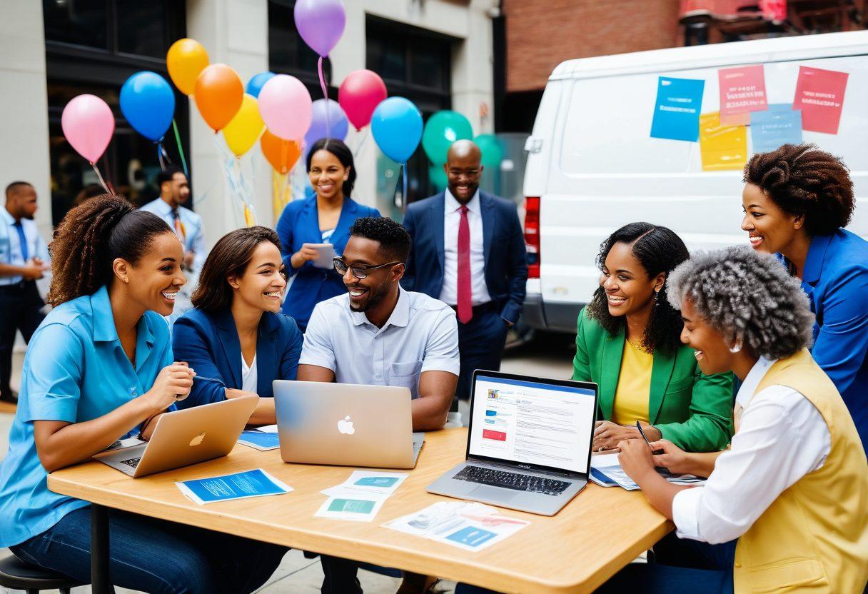 A diverse group of professionals enthusiastically researching postal job opportunities on laptops, surrounded by colorful flyers and career brochures. A large postal truck in the background signifies the postal industry, while streamers of success symbolically float above them. The scene is vibrant with energy, illustrating teamwork and optimism in the job search journey. super-realistic. vibrant colors. white background.